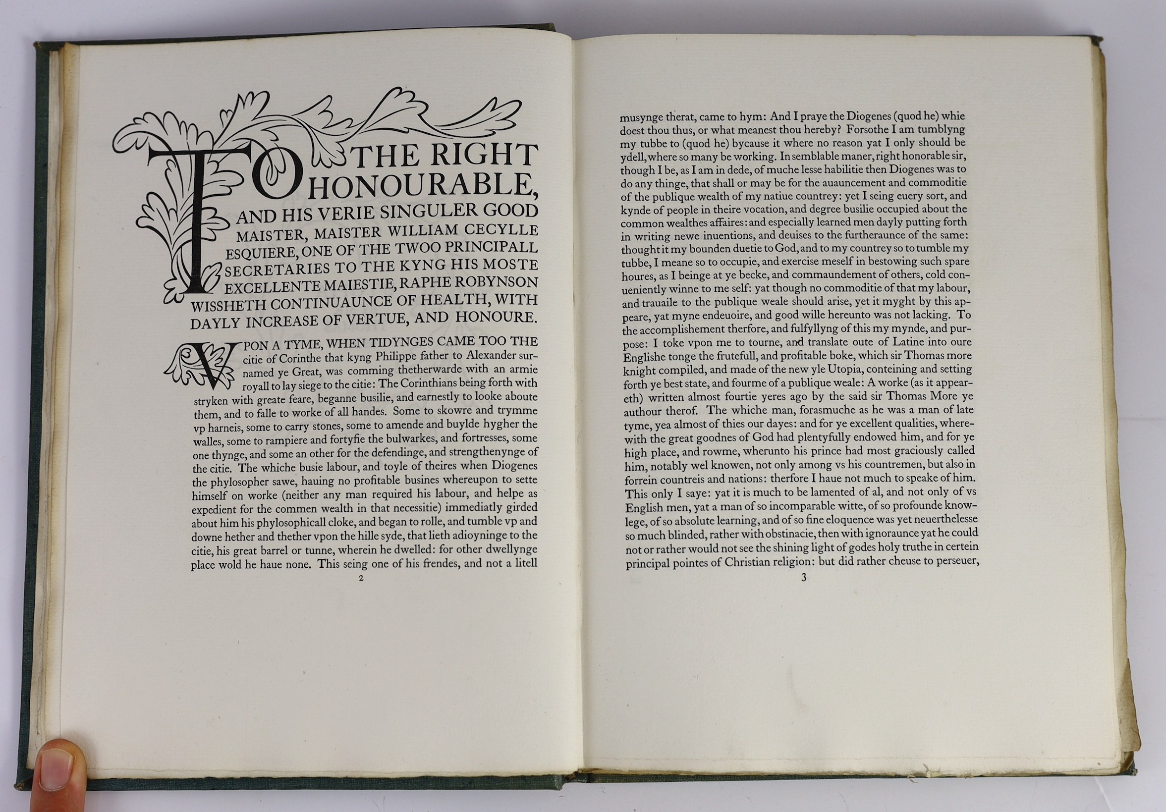 Golden Cockerel Press, Waltham Saint Lawrence, Berkshire - More, Thomas - Utopia, one of 500, floriated initials and title page by Eric Gill, 4to, green cloth gilt, spine an upper front board sunned, 1929, in solander ca